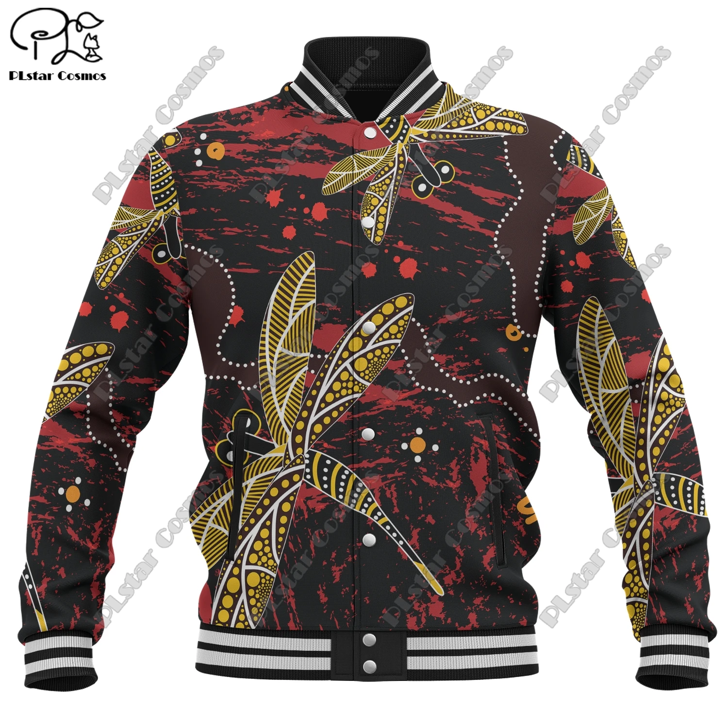 3D Pattern Design Australian Aboriginal Art Dragonfly Pois Color Bomber Full Snap Jacket Unisex Team Gift Winter New