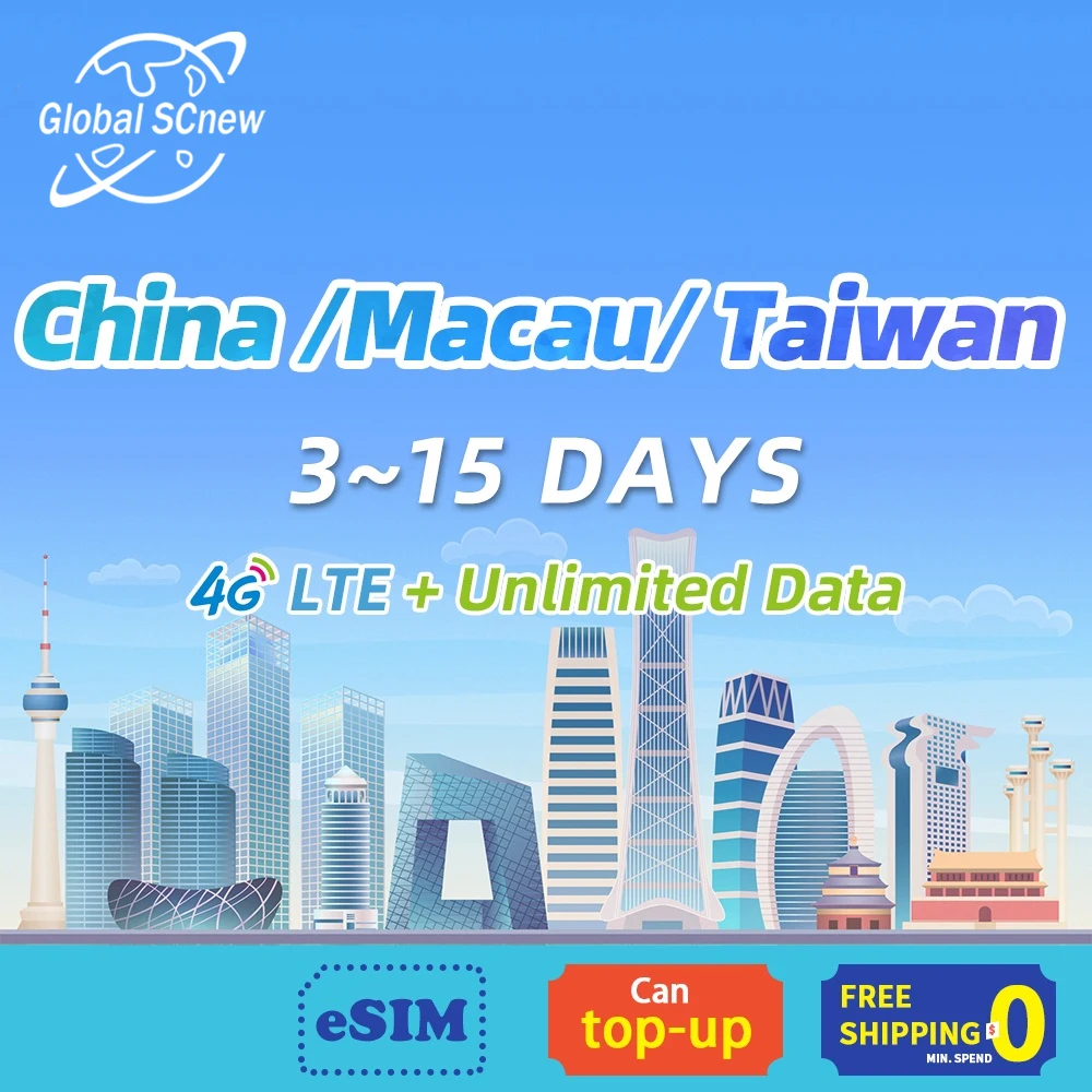 Cina/Macao/Taiwan Sim Card 1-15 Giorni 4G Lte Dati Ad Alta Velocità Supporto Dati Illimitato Esim