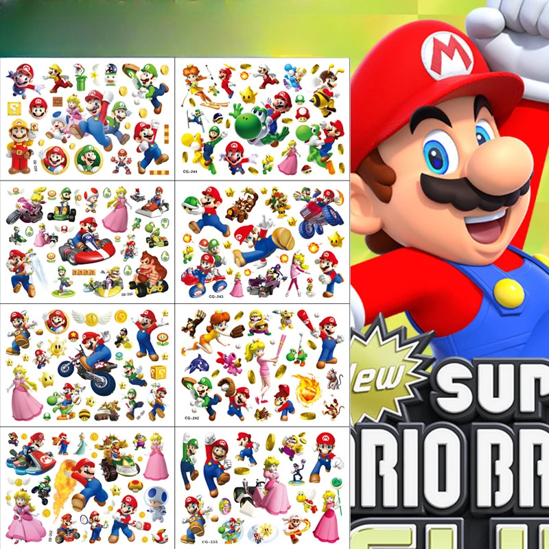 Super Mario Cartoon Tattoo Stickers Kids Fashion Water Transfer Tattoo Stickers Anime Periferiche Mario Brosgiocattoli Per Bambini Regali
