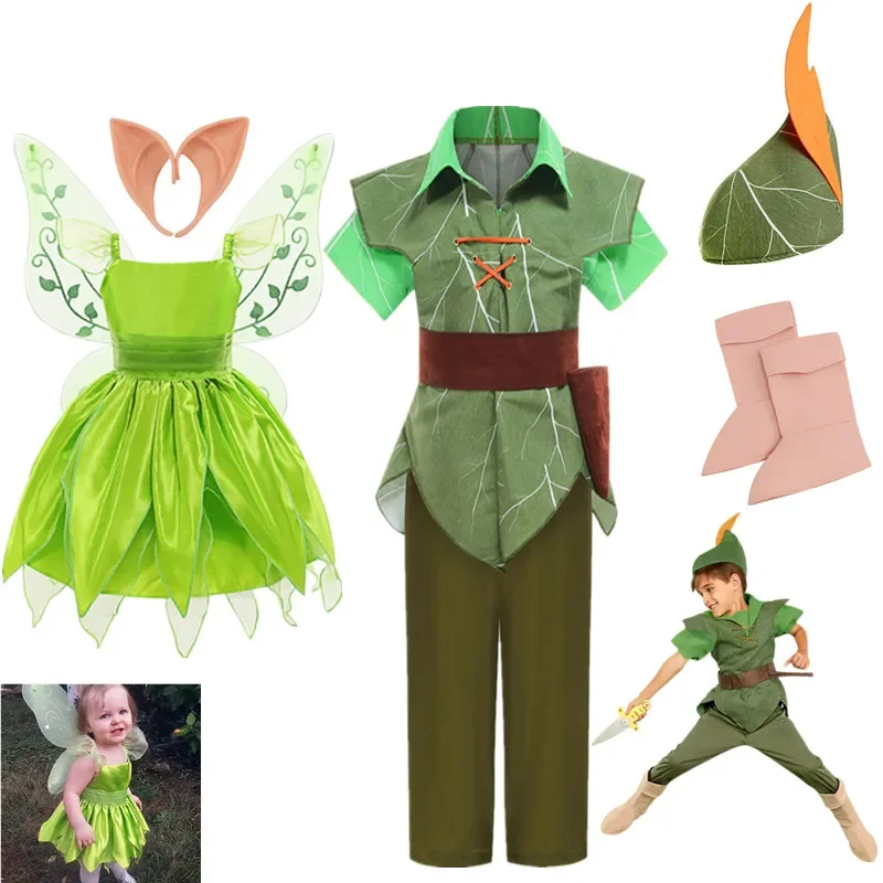 Halloween Party Child Peter Pan Costume Cosplay Masquerade Boys Elf Green Clothing Set Fancy Fairy Tinkerbell Clothes For Kids