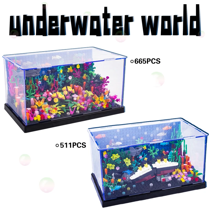 Moc Fish Tank Underwater World Building Blocks Sea Plant Titanic Shark Treasure Box Diamond Ocean City Display Case Mattoni Giocattoli