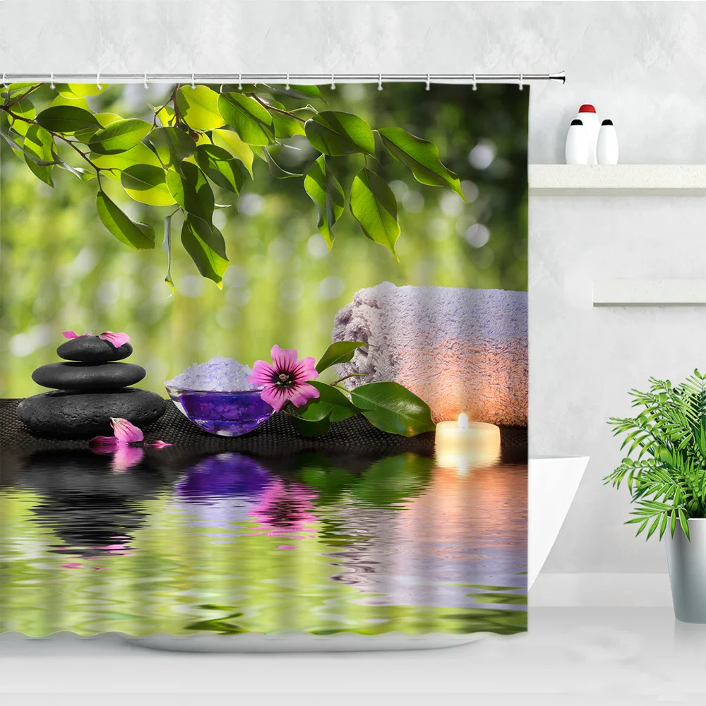 Zen Garden Tende Da Bagno Spa Green Bamboo Black Stone Candle Flower Printing Tessuto Impermeabile Home Decor Set Di Tende Da Doccia