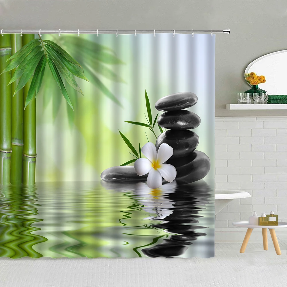 Zen Stone Bamboo Leaf Water Butterfly Tenda Da Doccia Orchidea Flower Candle Spa Yoga Tessuto Impermeabile Tende Da Bagno Decor