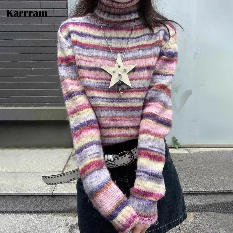 Karrram Maglione Dolcevita Giapponese Y2K Pullover A Righe Arcobaleno Vintage Maglione Lavorato A Maglia Moda Coreana Maglieria Harajuku Grunge
