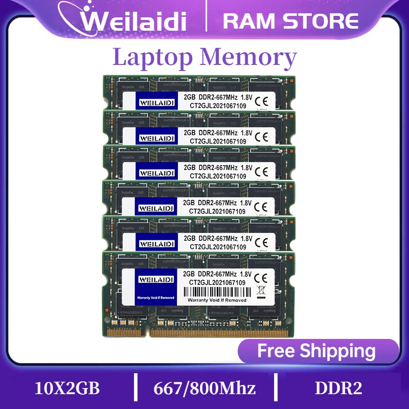 Weilaidi 10 Pz Ram 2Gb Pc2-6400S Ddr2 667 Mhz 800Mhz Memoria Del Computer Portatile 200Pin 1.8V So-Dimm Usato All'Ingrosso