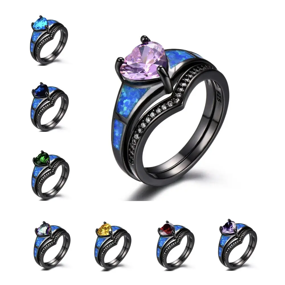 Jlr-1891 Top Sale Fashion Jewelry Blue Fire Opal Rings Con Anello In Pietra A Cuore Placcato Oro Nero Per Signora E Regalo Di San Valentino
