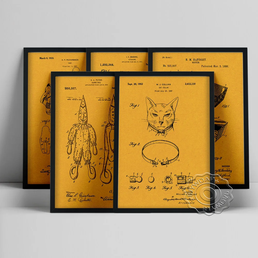 Brevetto Disegno Spaventapasseri Gatto Pagliaccio Blueprint Art Stampe Poster Illustrazione Tela Pittura Ufficio Studio Wall Picture Decor