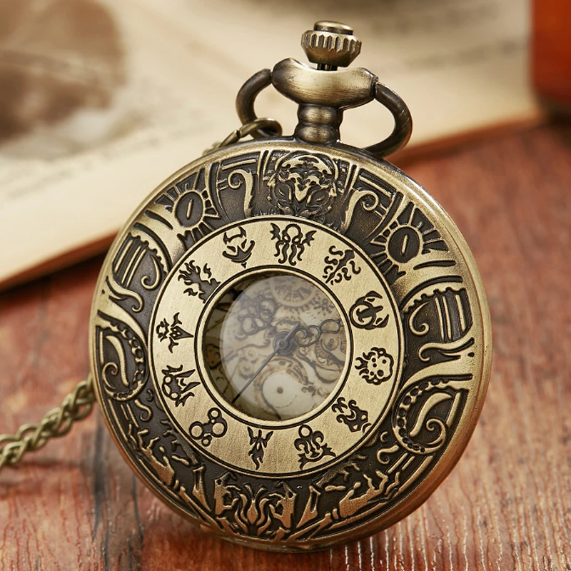 Chinese Zodiac Hollow Quartz Pocket Watch Necklace Chain Pendant Womens Men Watches Gifts