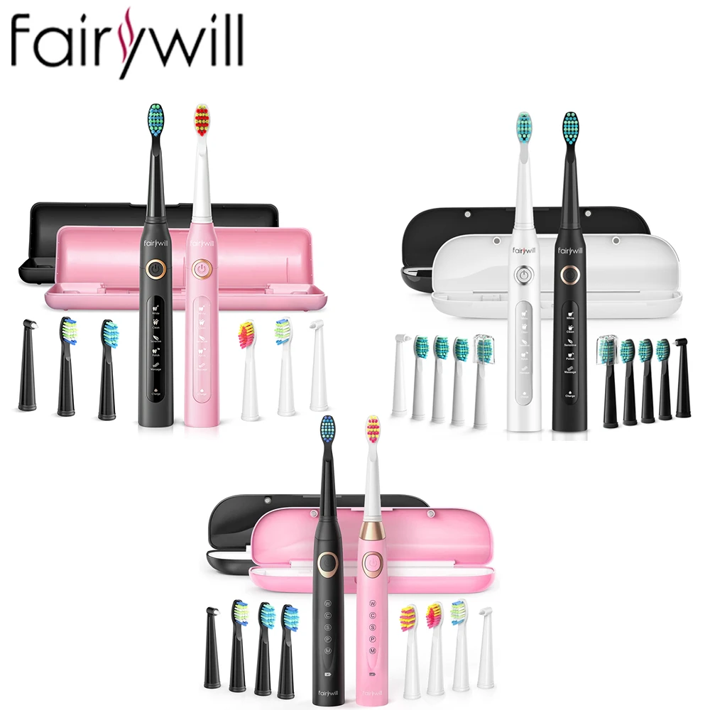 Timer Per Spazzolino Elettrico Fairywill Ipx7 Impermeabile 4 Ore Caricabatterie Rapido Testine Di Ricambio Potente Spazzolino Sonico Regalo