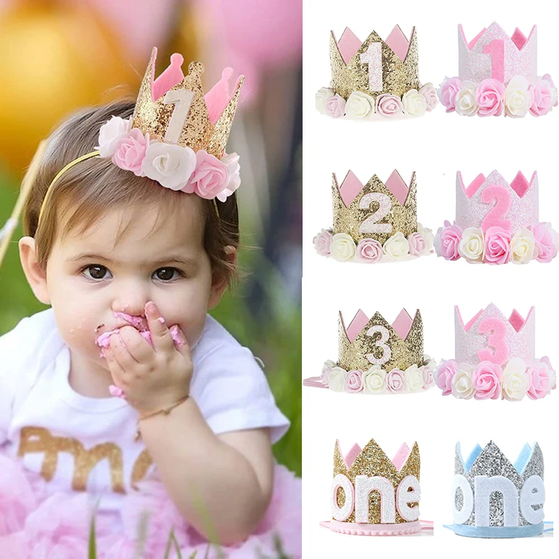 1St Birthday Party Decor Hat Kids 1 2 3 Year Happy Birthday Boy Girl First Birthday Party Baby Shower Decor Pink Kids Crown Hat
