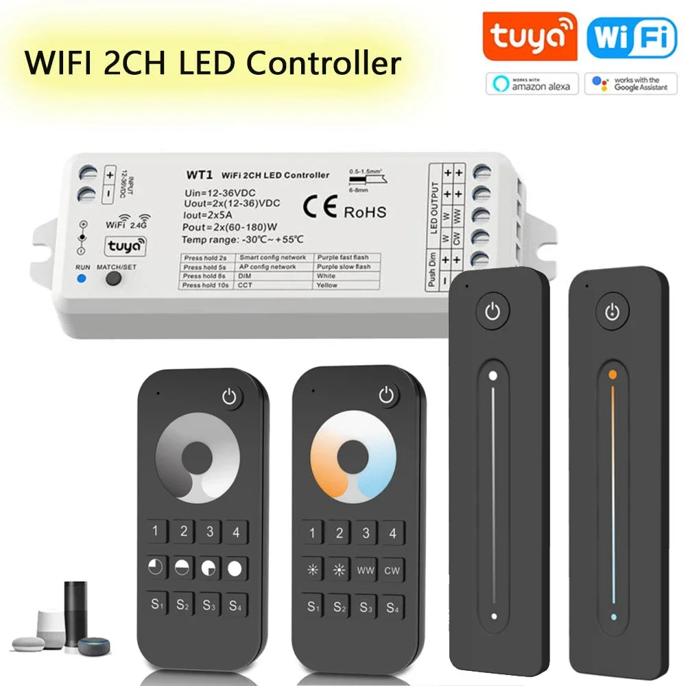 Dimmer Led 2Ch Tuya Wifi 12V 24V 36V Dc 2.4G Rf Dimmer Remoto Senza Fili 2Ch * 5A Ww Cw Cct Controller Wt1 Dimmer Per Alexa