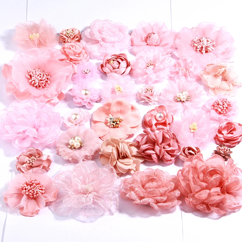 10Pcs Pink Series Rose Fabric Head Flowers Per Neonate Fasce Decorazione Burn Chiffon Flower Per Accessori Per Fermagli Per Capelli