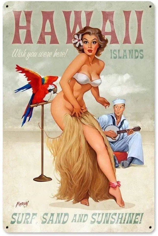 Logea Hawaii Islands Pinup Girl Metal Vintage Tin Sign Wall Decor 12X16 Pollici