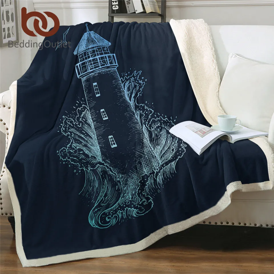Beddingoutlet Coperte Per Faro Per Letto Tema Nautico Coperta Sherpa Storm Coperta Soffice Coperta Di Lino Marino Blu Scuro Oceano