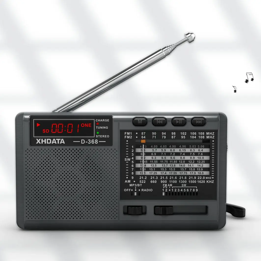 Xhdata D-368 Radio Portatile Fm Am Sw Ricevitore Radio Ad Onde Corte Lettore Mp3 Stereo Senza Fili Con Jack Per Schede Tf 4Ω/3W Radio Usb