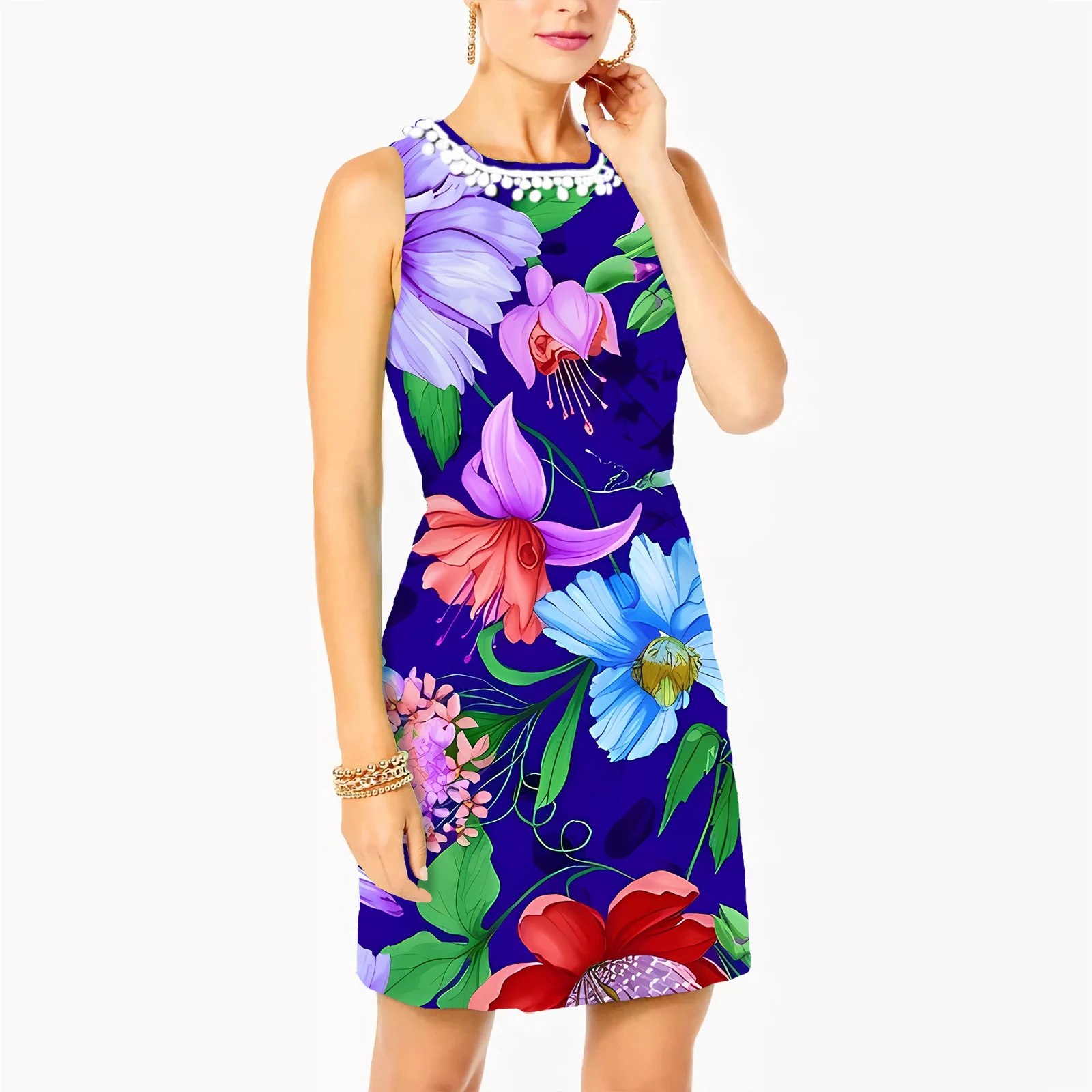 Msieeso Fashion Women Dress Pretty Floral Flowers Leaf 3D Printed Slim Fit Nappa Dress Summer Senza Maniche Bodycon Dresses Xs-3Xl