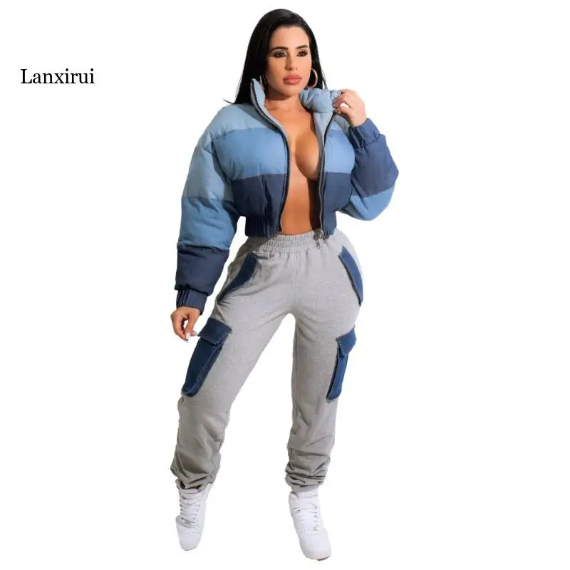 Blue Crop Puffer Jacket Fashion Zipper V Neck Long Sleeve Ladies Warm Down Short Bubble Coats Gray Outwear Women Coat Thin Light