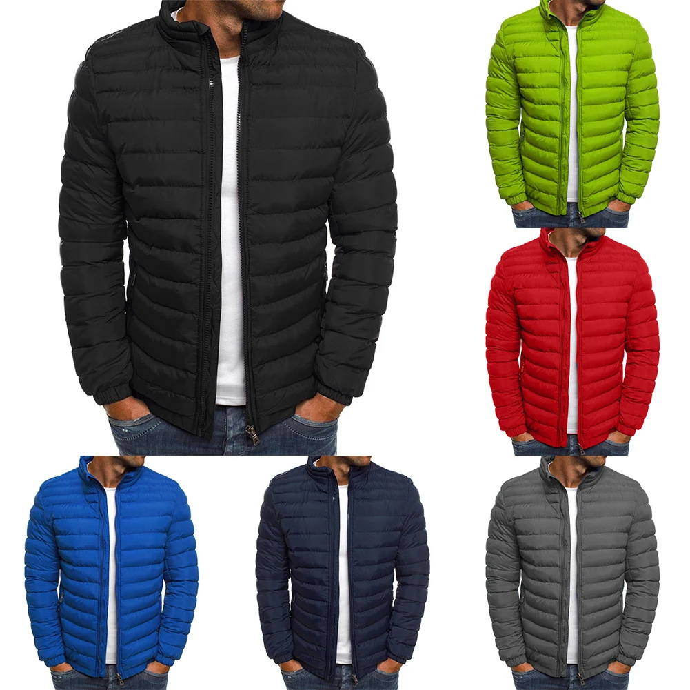 Mens Winter Warm Stand Collar Puffer Zip Up Jacket Cappotto Imbottito Trapuntato Outwear Autunno Inverno Parka Tinta Unita