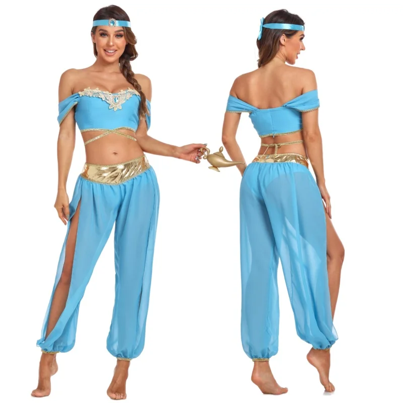 Halloween New Aladdin And Magic Lamp Princess Jasmine Role Playing Costume Adult Princess Dress Carnival Party Top And Pants Set