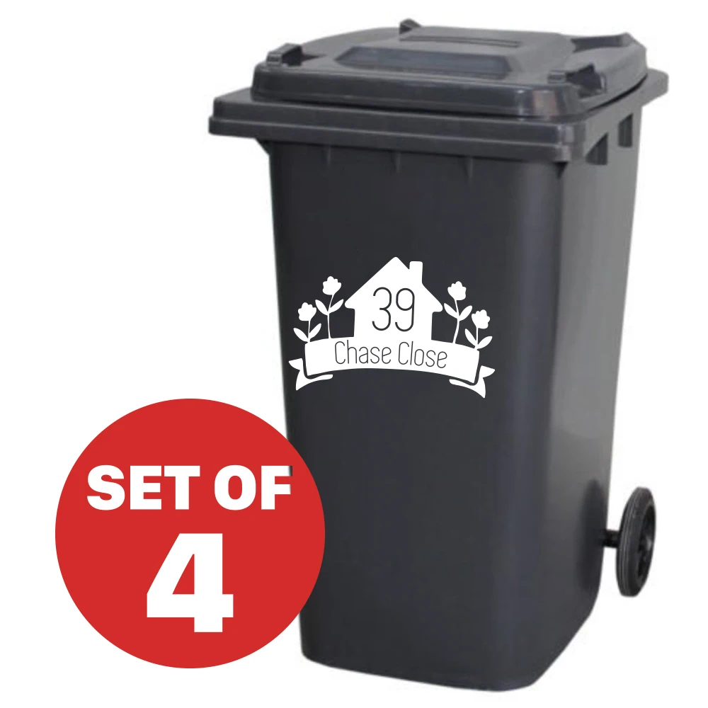 Modern 4Pcs Custom Wheelie Bin Cestino Della Spazzatura Numero Civico Adesivi Decalcomania Vinile Garage Flower Home Decor Watrerproof