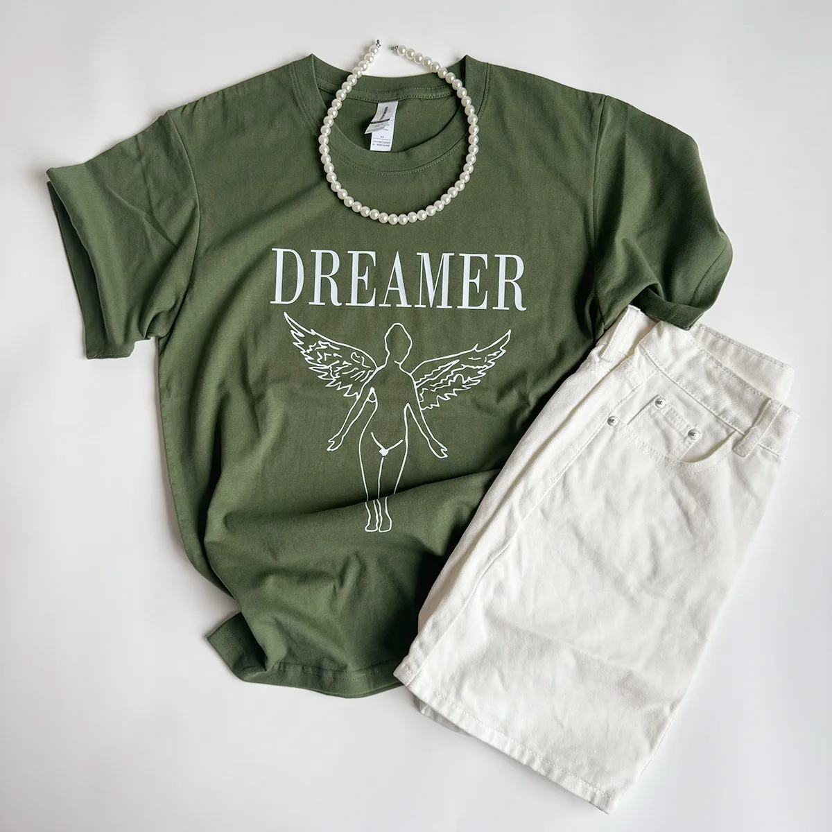 American Vintage Style Dreamer Angel Printing Graphic T-Shirt Summer Manica Corta Army Green Cotton Top Ins Fashion Women Tees