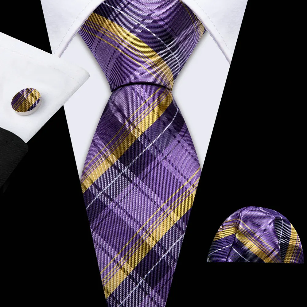 New Men Tie Silk Purple Yellow Black Pocket Square Cufflink Set Fashion Plaid Necktie Per Uomo Formal Designer Party Barry.Wang