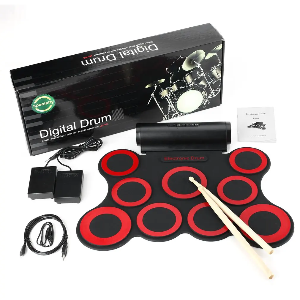 Professional 9 Pads Digital Drum With Built In 2 Speakers Usb Roll-Up Electronic Drum Pad Kit With Drum Sticks Foot Pedals