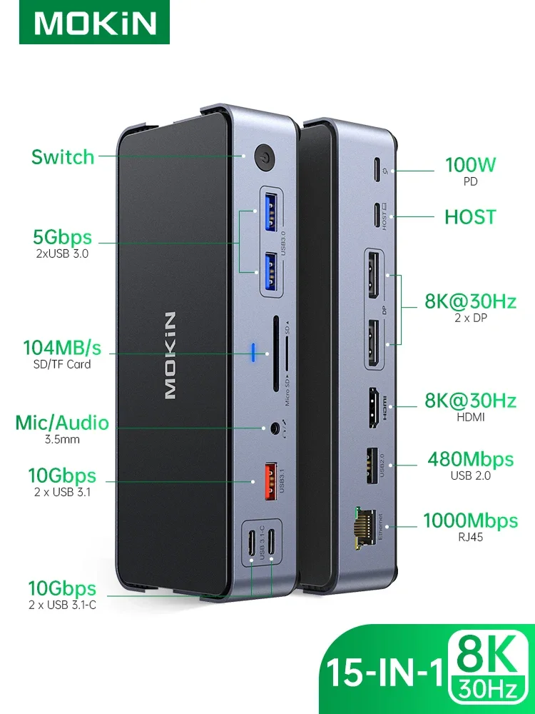 Docking Station Adattatore Da Usb C A Doppio Hdmi, Mokin Usb C Hub Doppi Monitor Hdmi Per Windows, Adattatore Usb C Con Doppio Hdmi,Usb3.0
