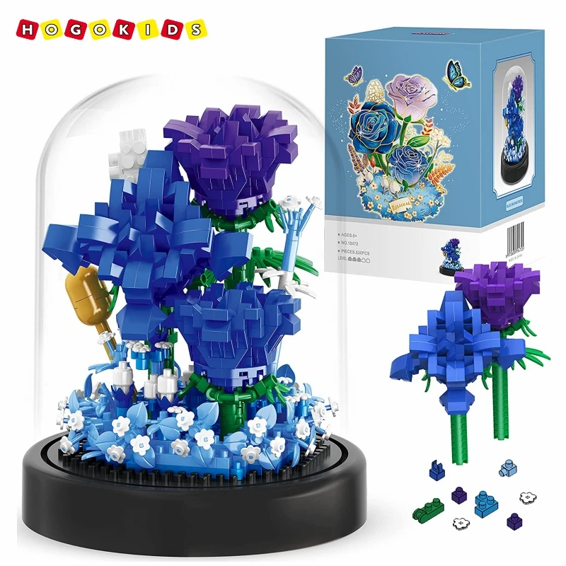 Hogokids Flower Bouquet Building Kit 630 Pezzi Building Blocks Blue Rose Building Bricks Con Copertura Antipolvere