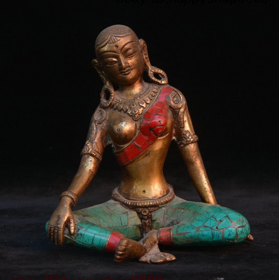 Tibet Bronzo Intarsio Turchese Dea Guan Yin Dea Buddhisattva Statua Di 6 Pollici