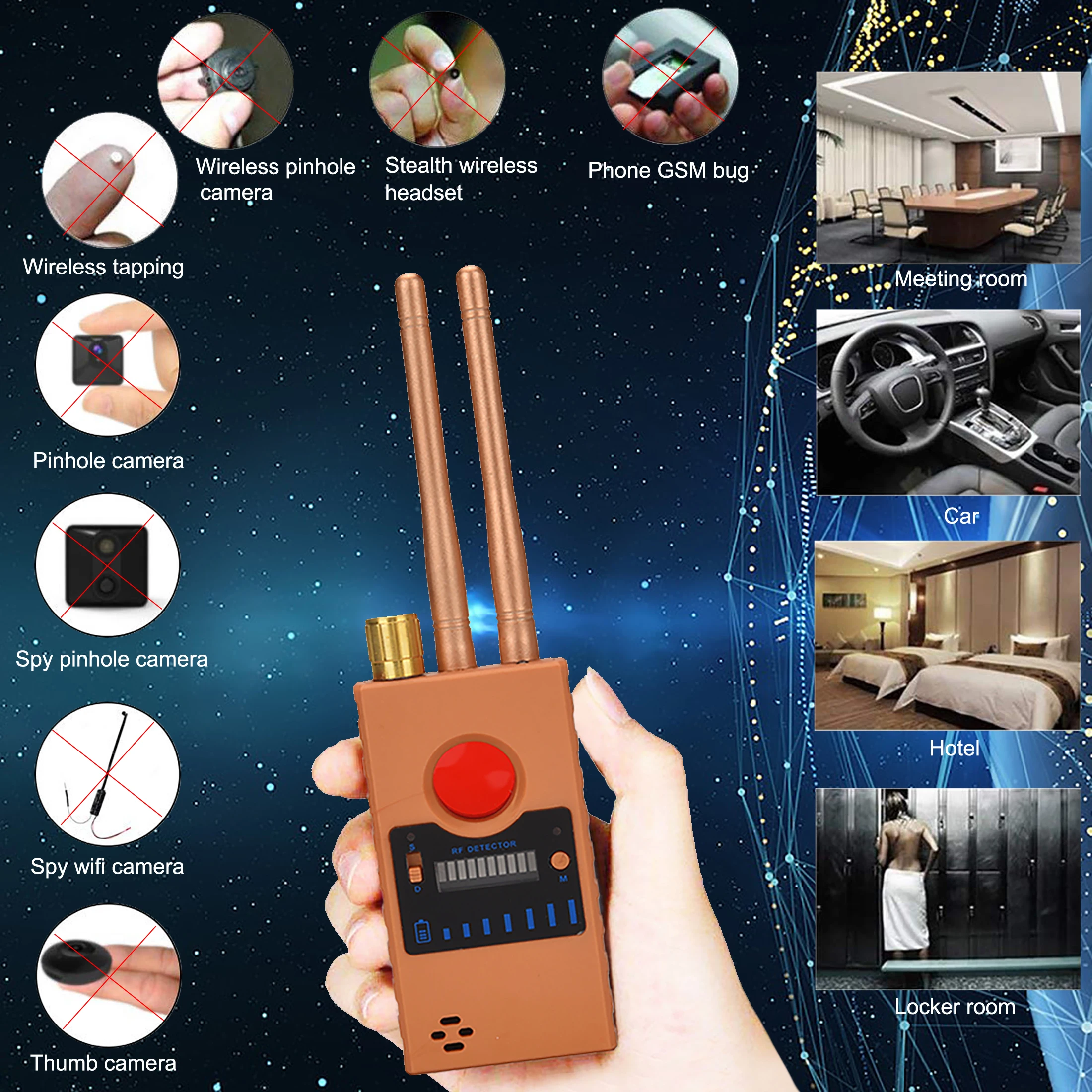 Wireless Wifi Pinhole Rilevatore Telecamera Nascosta Segnale Rf Rileva Gps Gsm Mobile Audio Micro Cam Anti Spy Bug Finder Due Antenne