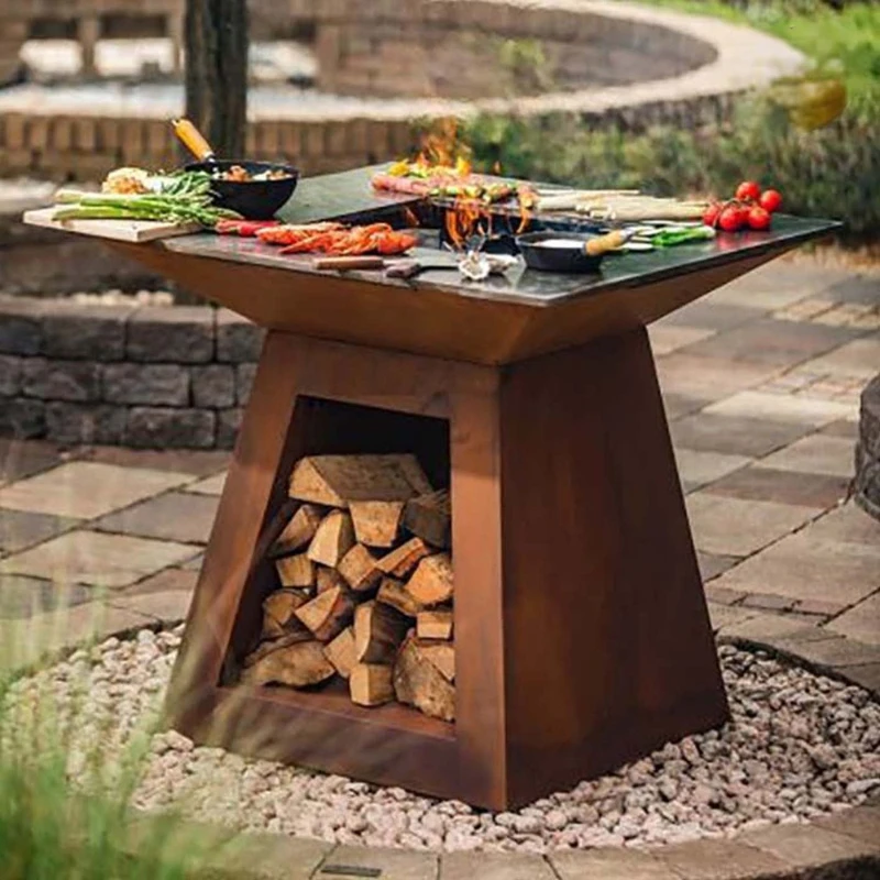 Campeggio Personalizzato Cucinare Grande Bruciatore Di Tronchi Portatile In Acciaio Corten Pieghevole Pozzo Del Fuoco Barbecue All'Aperto Grill Fire P