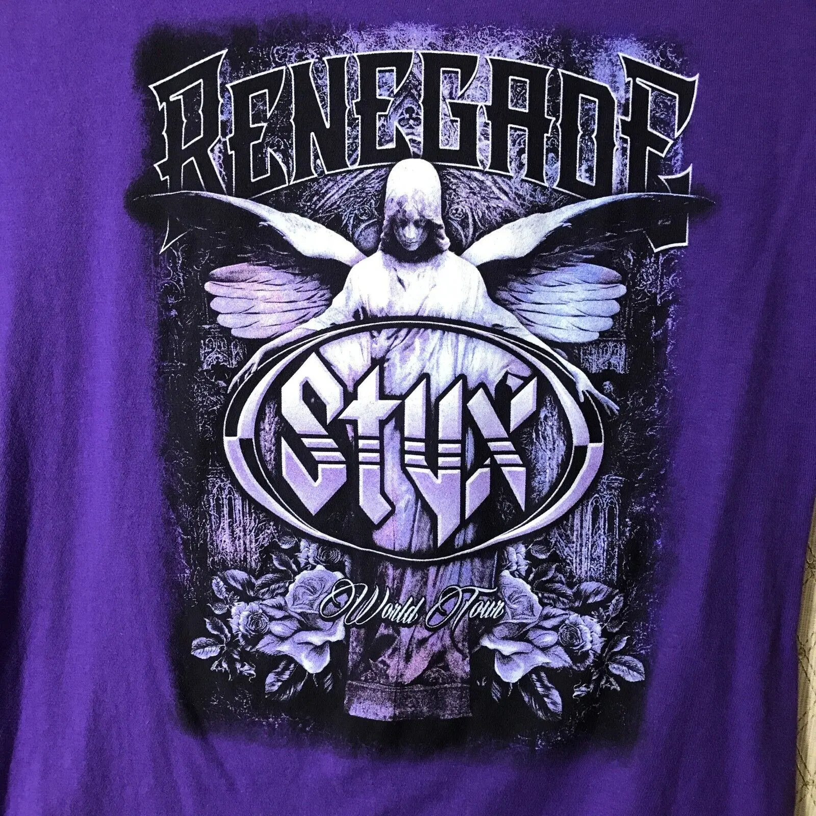 Styx Renegade World Tour Womens Xxl Concert Shirt Purple Cotton Misure 19X28 Maniche Lunghe O Corte