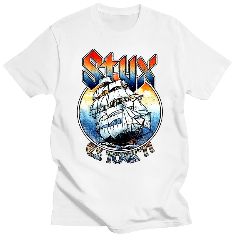 Styx Usa Tour 1977 Nave Maglietta Da Uomo Rock Band Boat Sulla Pietra Miliare Del Fiume