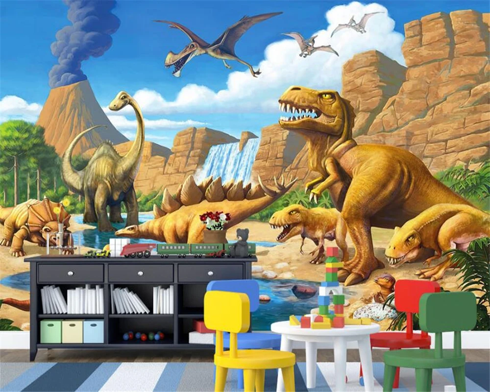 Wellyu Custom Wallpaper Fantasy Lake Jurassic Dinosaur Tyrannosaurus Rex Longtong Kids Room Backdrop Wall Mural 3D Wallpaper