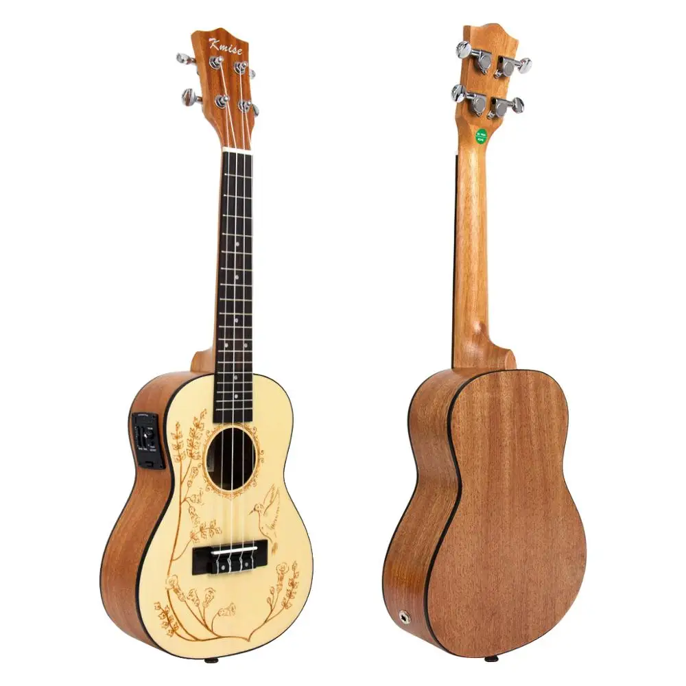 Kmise Ukulele Concert Electric 23 Pollici 18 Tasti 4 Corde Acustiche In Abete Massello Uke Con Fiore E Uccello Dipinto Sulla Parte Superiore