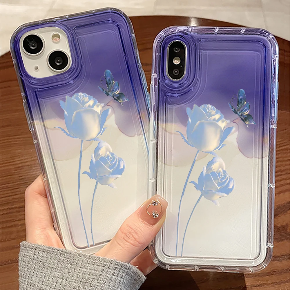 Custodia Butterfly White Rose Per Iphone 14 13 12Mini Cover Antiurto Per Iphone 11 Pro Max Trasparente Viola Halo Dyeing Soft Tpu