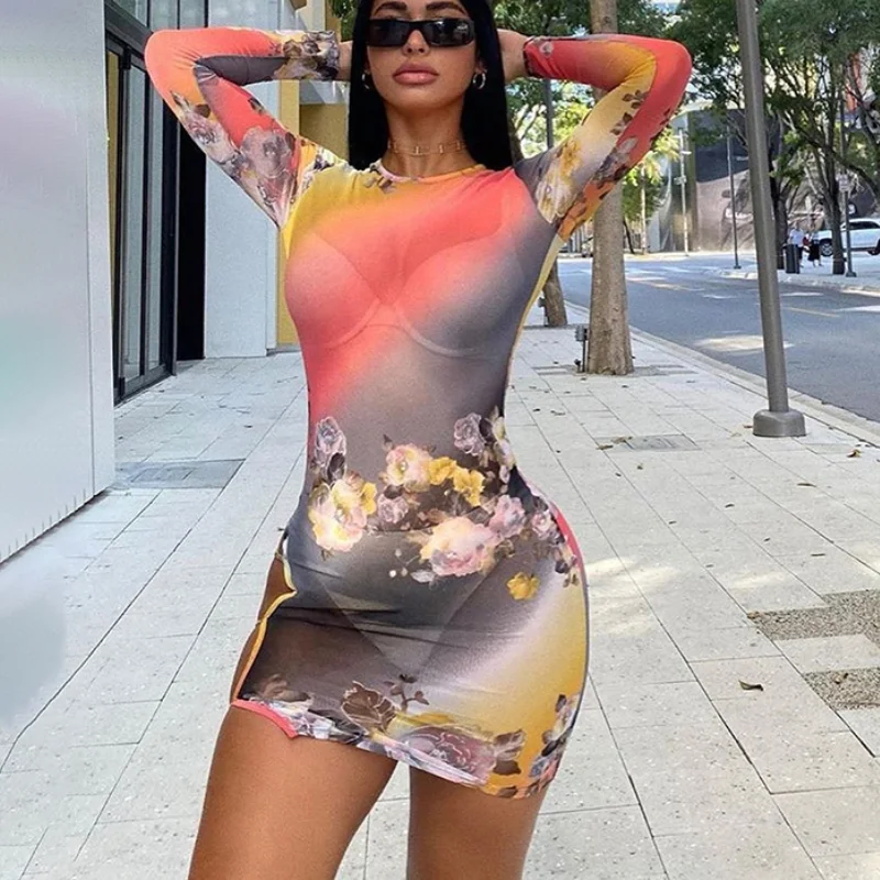 Summer Women'S Sexy Long Sleeve Floral Tie-Dye Print Hip Bag Mini Dress Mesh See Through Party Clubwear Bodycon Fashion Dress