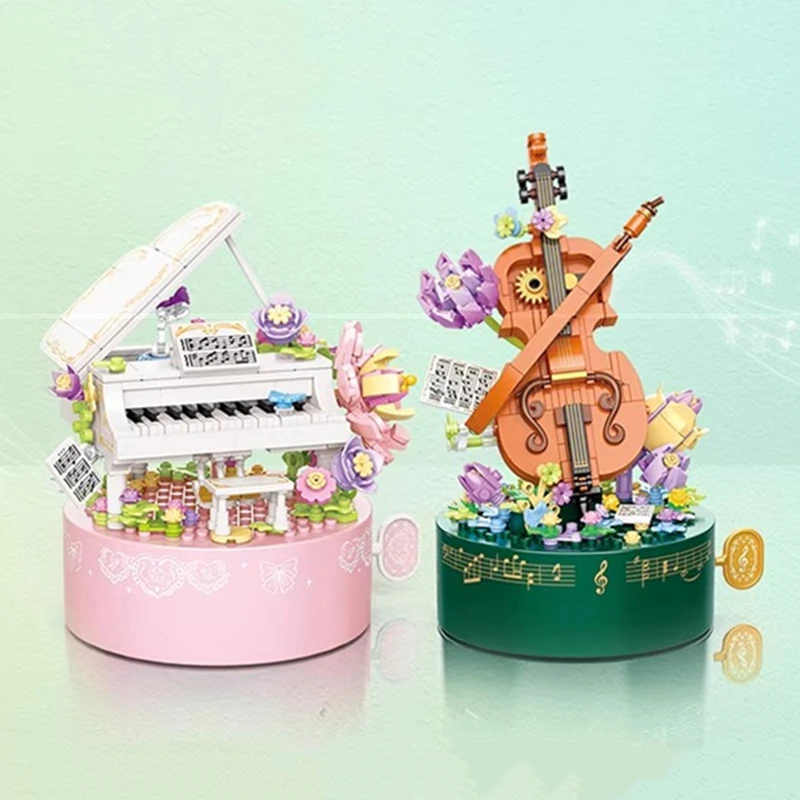 Miniso Music Box Building Blocks Violino Piano Modello Flower Figure Giocattolo Assemblato Kawaii Girl Regalo Di San Valentino Cinese