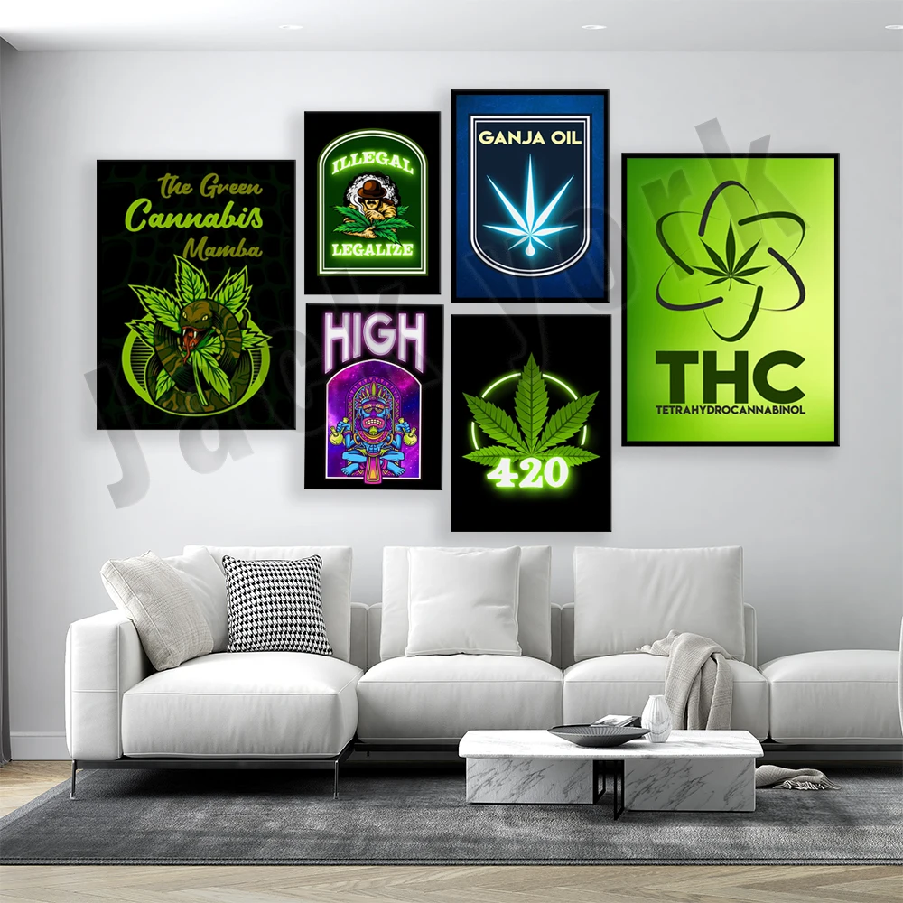 Weed Neon Greenery Keep Calm And Smoke Weed Poster Canvas Wall Art Picture Fumatori Room Living Room Modern Home Decor