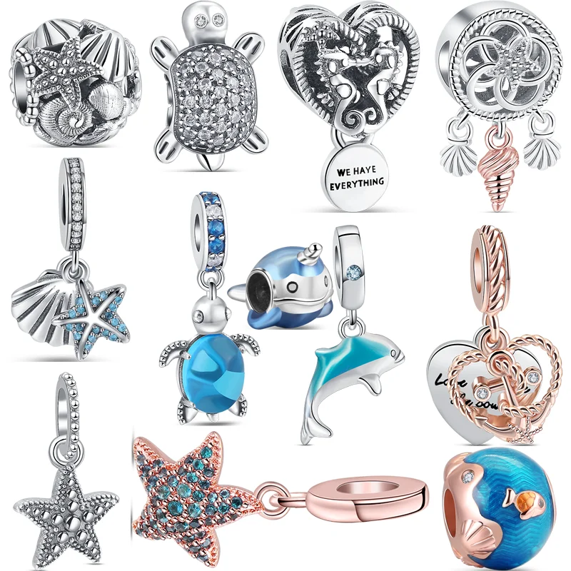 New Summer Glass Turtle Dolphin Seashell 925 Silver Charms Beads Fit Original Pandora Bracciale Diy Ocean Series Sky Blue Jewelry