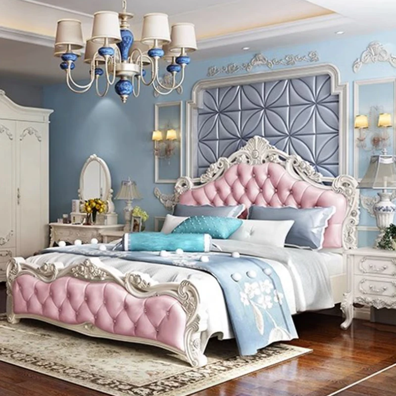 Cute Wood Nordic Luxury Bed King Size Master Cheap Princess Queen Bed Modern Faux Leather Letto Matrimoniale Mobili Per La Casa