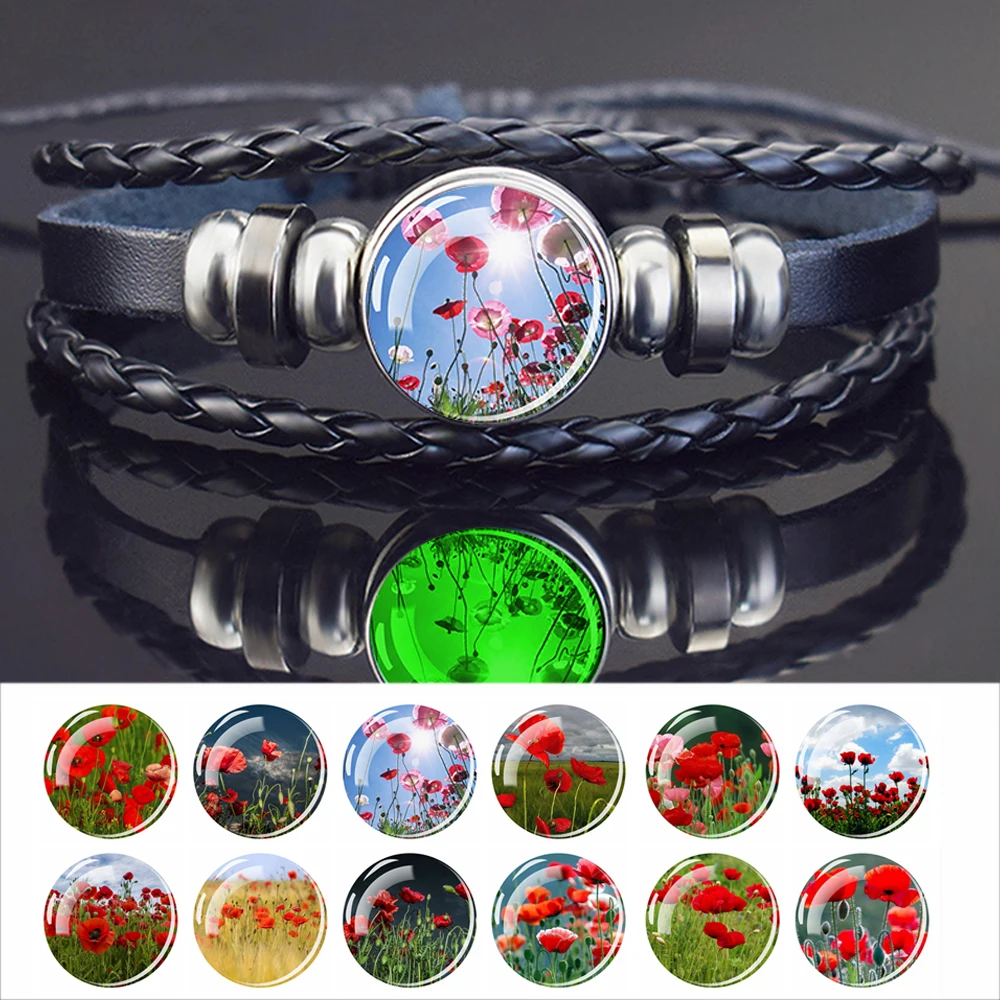 Esspoc Glowing In The Dark Bracelet Art Luminous Poppy Photo Bangles Handmade Black Leather Braided Bracelets Jewelry For Women