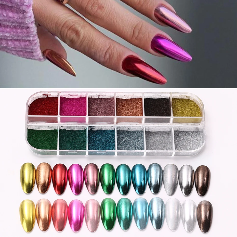 12Colors Glitter Per Unghie Aurora Mirror Powder Chrome Dust Pigment Paint Dip Metallic Shiny Con Effetto Magico Dust Manicure Design