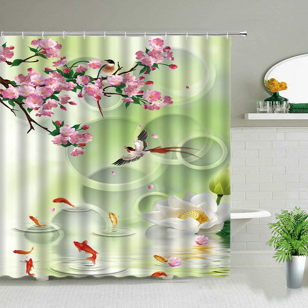 Modern Landscape Flower Bird Koi Fish Shower Tende Stile Cinese Floral Plant Swan Love Heart Scenery Print Schermo Del Bagno