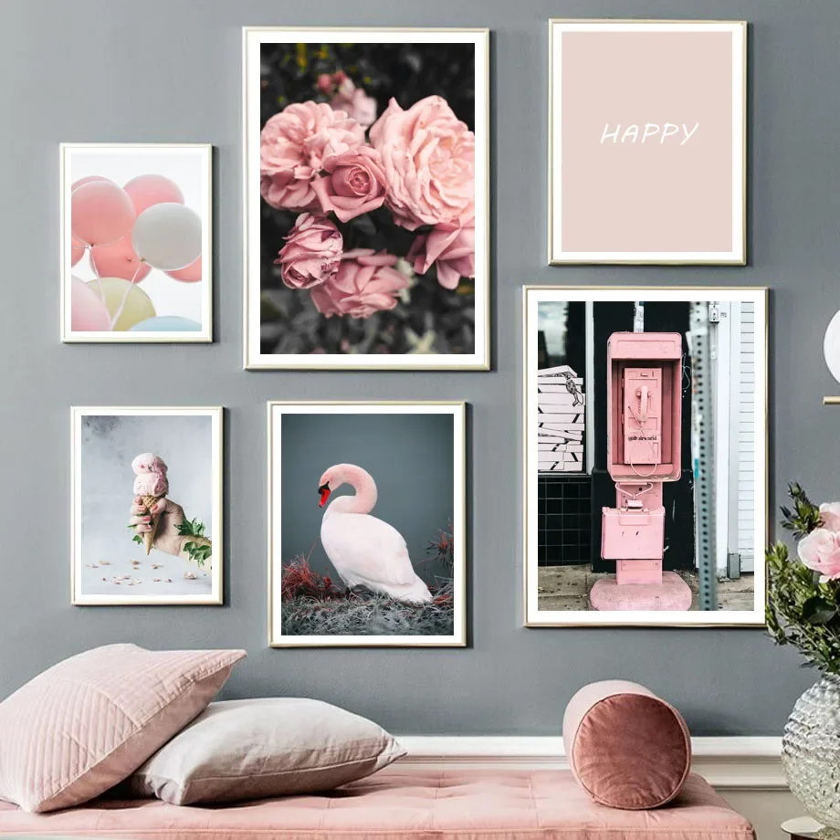 Wall Art Print Canvas Painting Phone Booth Swan Balloon Rose Flowers Waffle Nordic Poster Immagini A Parete Per La Decorazione Del Soggiorno