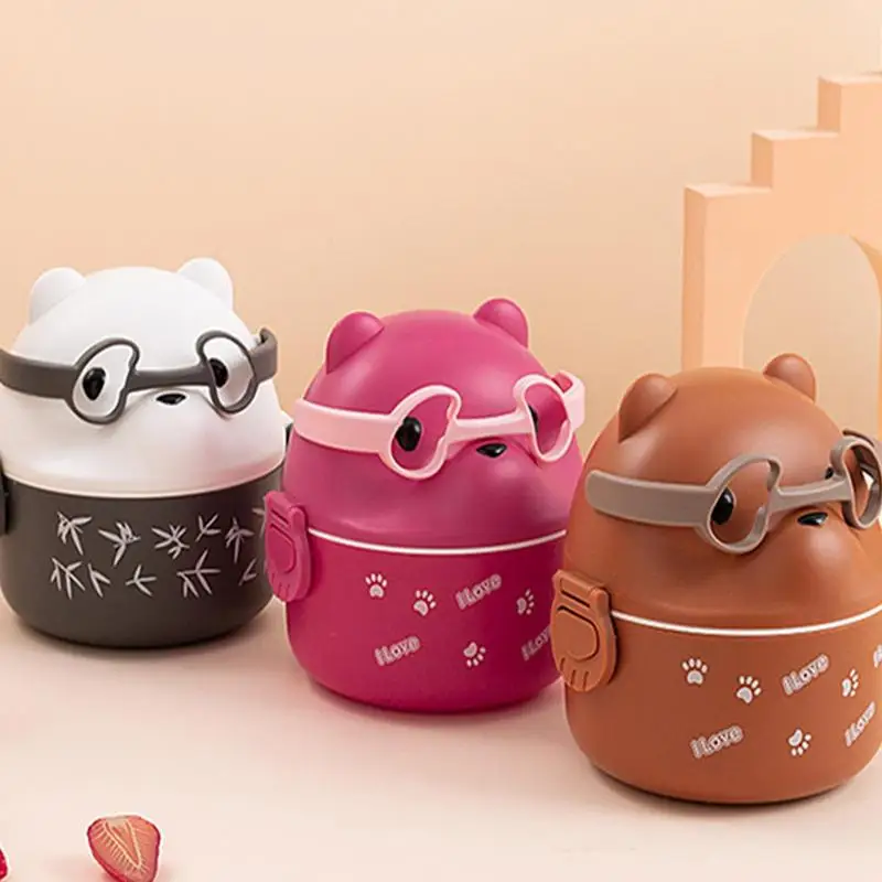 Bento Lunch Box Impilabile Orso Per Occhiali Di Grande Capacità Bento Box Contenitori Portatili A Doppio Strato Thermos Sottovuoto Per Alimenti Lunch 