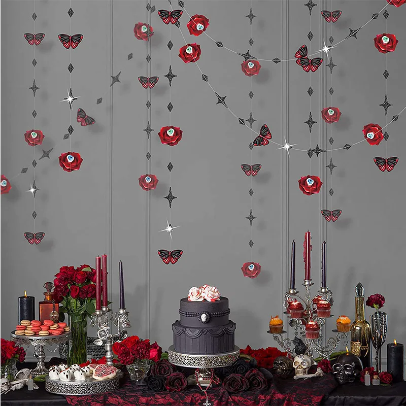 Black Red Halloween Party Decorations Paper Eyeball Rose Butterfly Star Garlands For Hanging Cross Banner Wedding Party Supplies