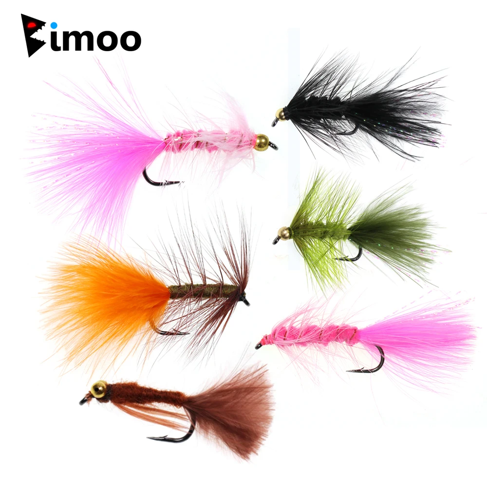 Bimoo 6Pcs #4 - #10 Woolly Bugger Streamers Fly Standard/Brass Head Fishing Mosche Bass Trout Fishing Lure Bait Orange Olive