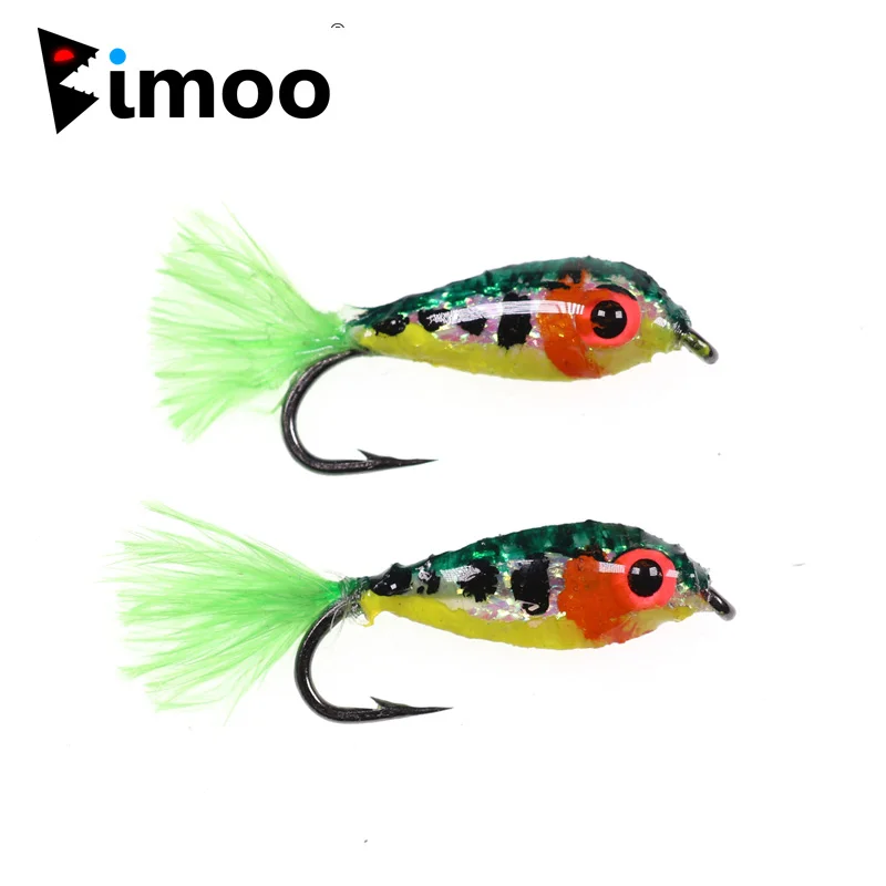 Bimoo 2Pcs #10 Mini Baitfish Pesciolini Trout Fly Fishing Flies Esche Filanti Con 3D Glow Occhi Piccola Esca Pesci D'Imitazione